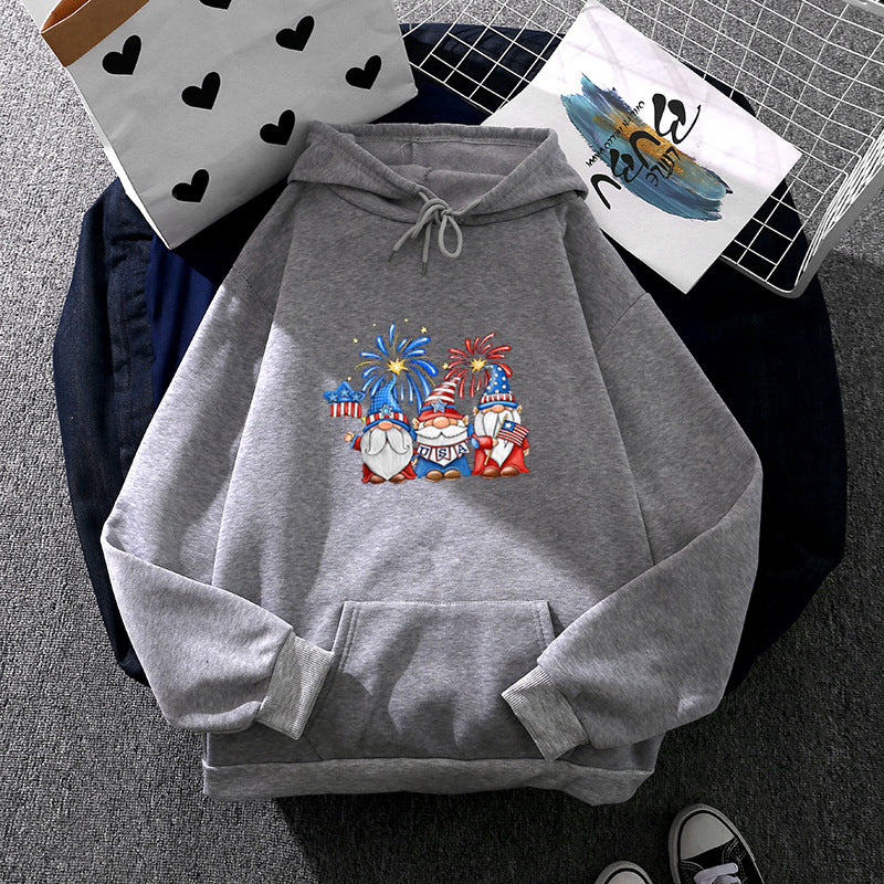 Damen Kapuzenpullover mit patriotischem Gartenzwerg-Print, angerautem Fleece-Innenfutter, Oversize-Schnitt und Kängurutasche – Auréline