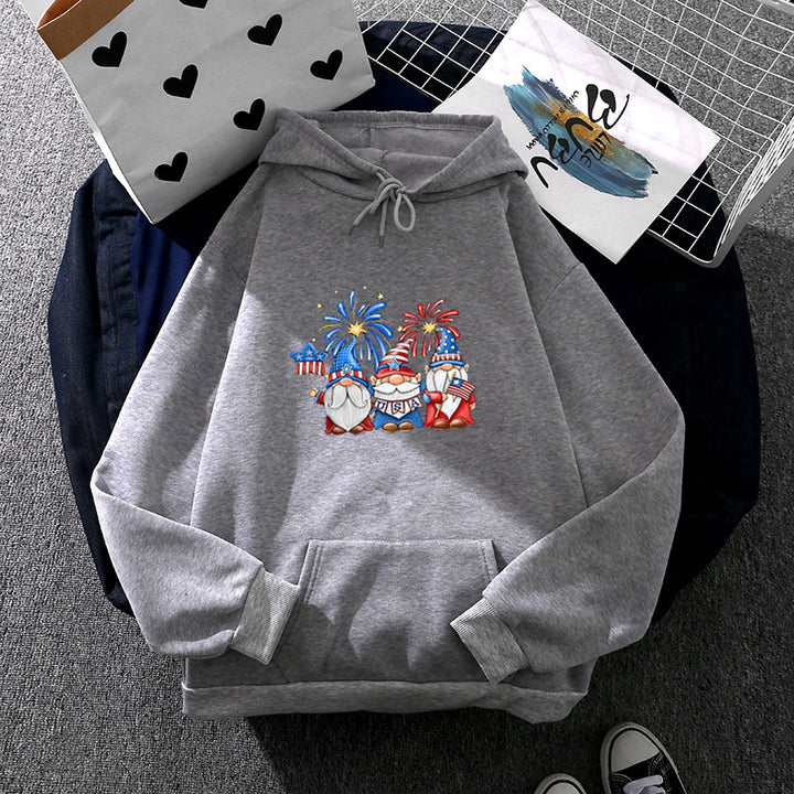 Damen Kapuzenpullover mit patriotischem Gartenzwerg-Print, angerautem Fleece-Innenfutter, Oversize-Schnitt und Kängurutasche – Auréline