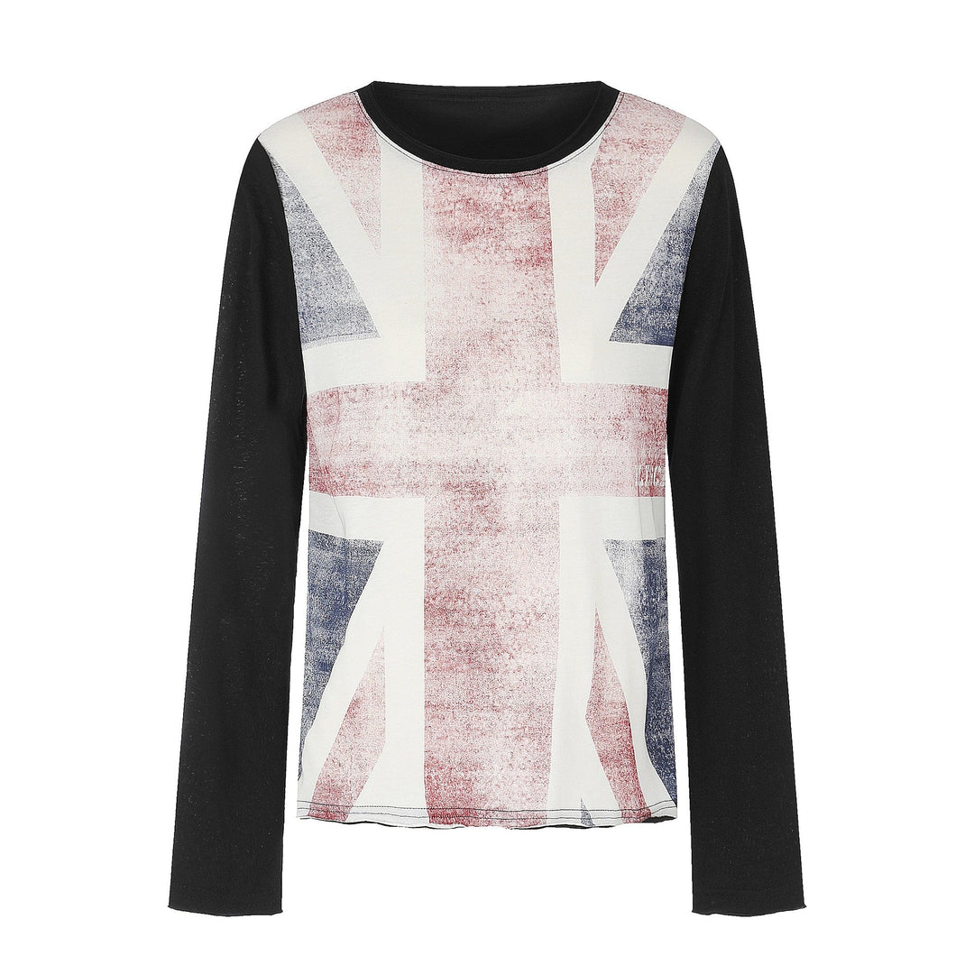 Damen Rundhals-Longsleeve aus Baumwollmix mit Vintage-Union-Jack-Print und Kontrastärmeln Echoarchiv