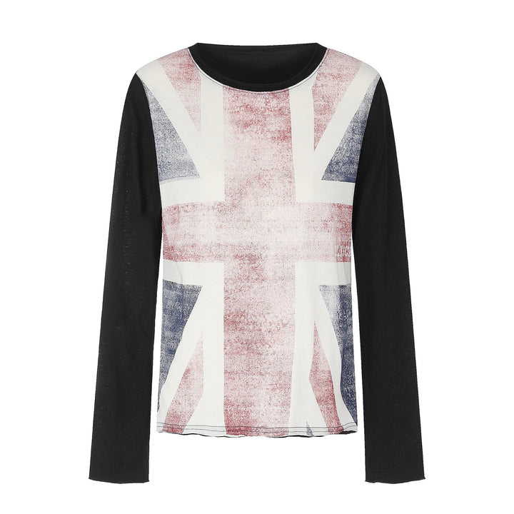 Damen Rundhals-Longsleeve aus Baumwollmix mit Vintage-Union-Jack-Print und Kontrastärmeln Echoarchiv