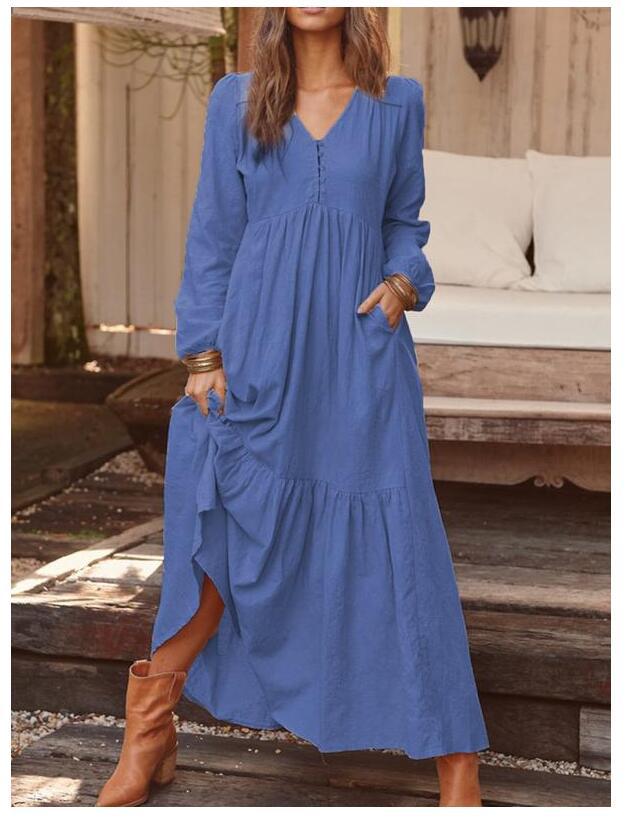 Damen nan luftiges Maxikleid mit V-Ausschnitt, Langarm und Eingrifftaschen Echo Archiv