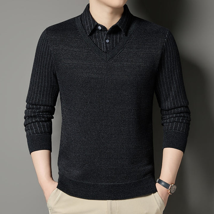 Herren Feinstrick-Pullover mit V-Ausschnitt und integriertem Polokragen Echoarchiv