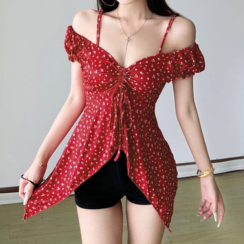 Damen Off-Shoulder-Oberteil mit süßem Blumenmuster und Raffung Echo Archiv