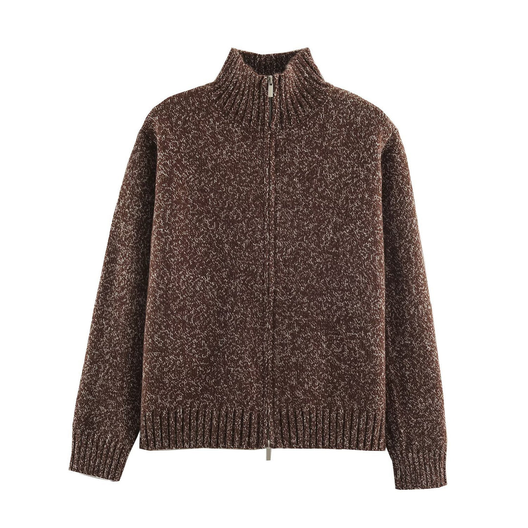Damen Grobgestrickter Reißverschluss-Pullover mit Stehkragen und geripptem Saum Echoarchiv