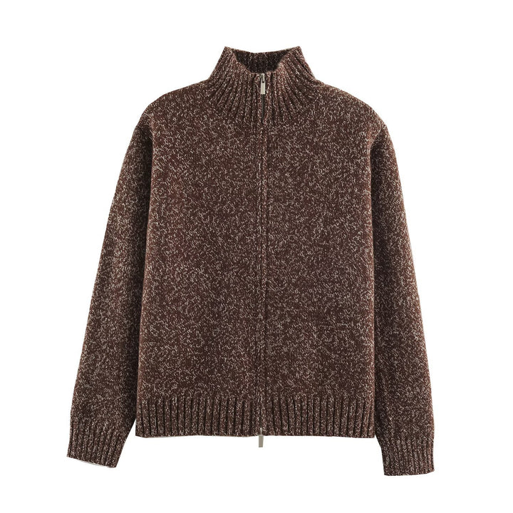 Damen Grobgestrickter Reißverschluss-Pullover mit Stehkragen und geripptem Saum Echoarchiv