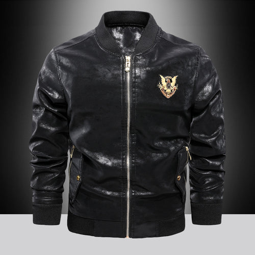 Herren Lederoptik Bomberjacke mit Stickbadge, Rippbündchen und Gold-Details – Brevano