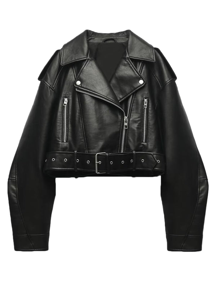 Damen taillierte Kunstleder-Bikerjacke mit Gürtel Echo Archiv