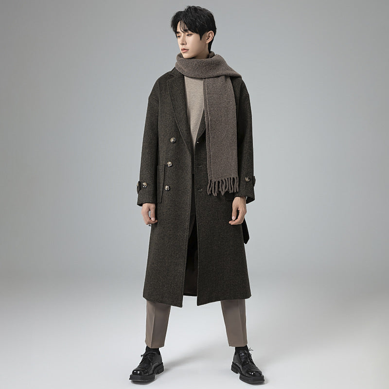 Herren Maxilanger Wollmix-Mantel im Tweed-Look mit Oversize-Schnitt, Doppelreihe und Bindegürtel Echoarchiv