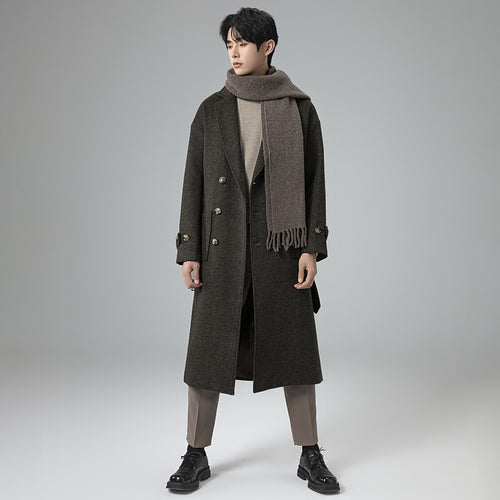 Herren Maxilanger Wollmix-Mantel im Tweed-Look mit Oversize-Schnitt, Doppelreihe und Bindegürtel Echoarchiv