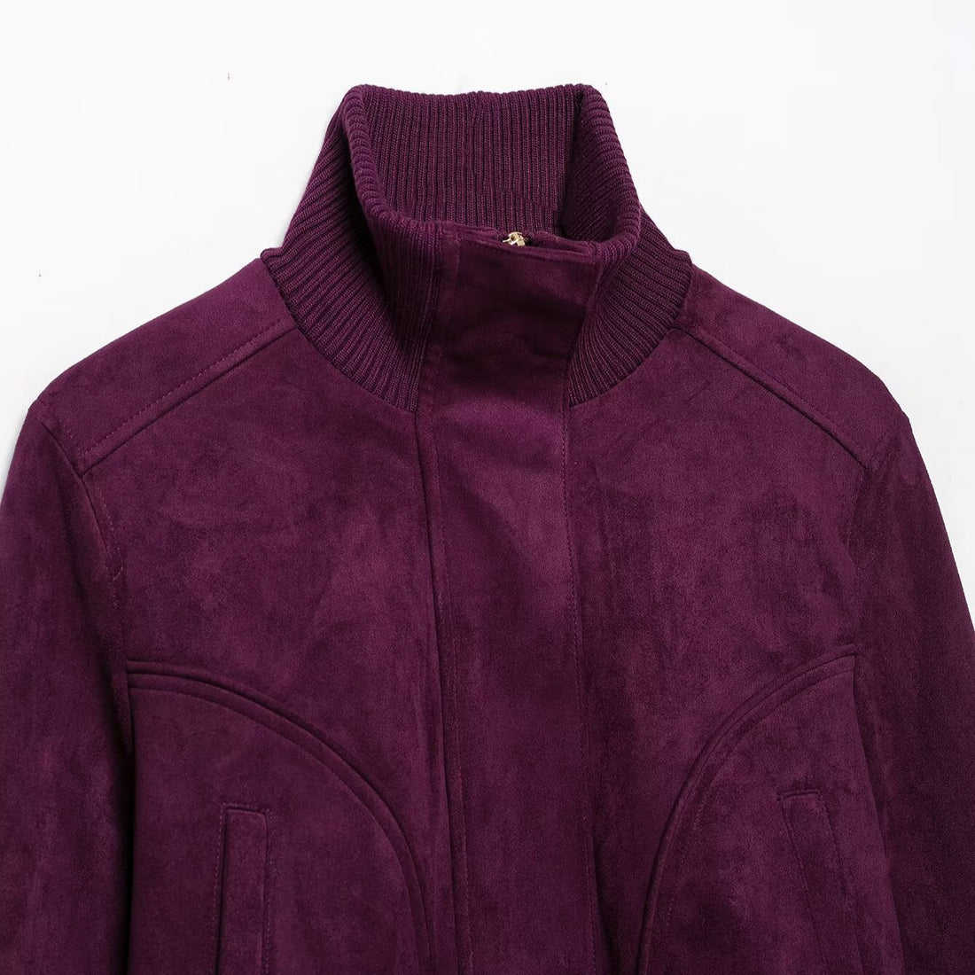 Damen Cropped Veloursjacke im Bomberstil mit hohem Rippkragen und Taillenbündchen Echoarchiv