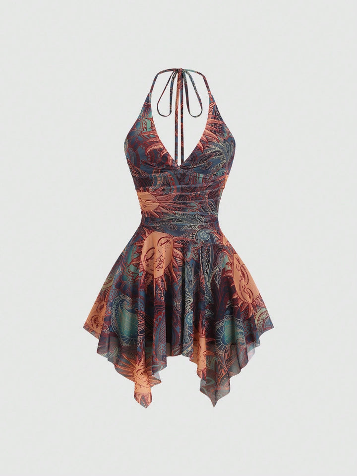 Damen lässiges Strandkleid mit asymmetrischem Saum und raffiniertem Druck Echoarchiv