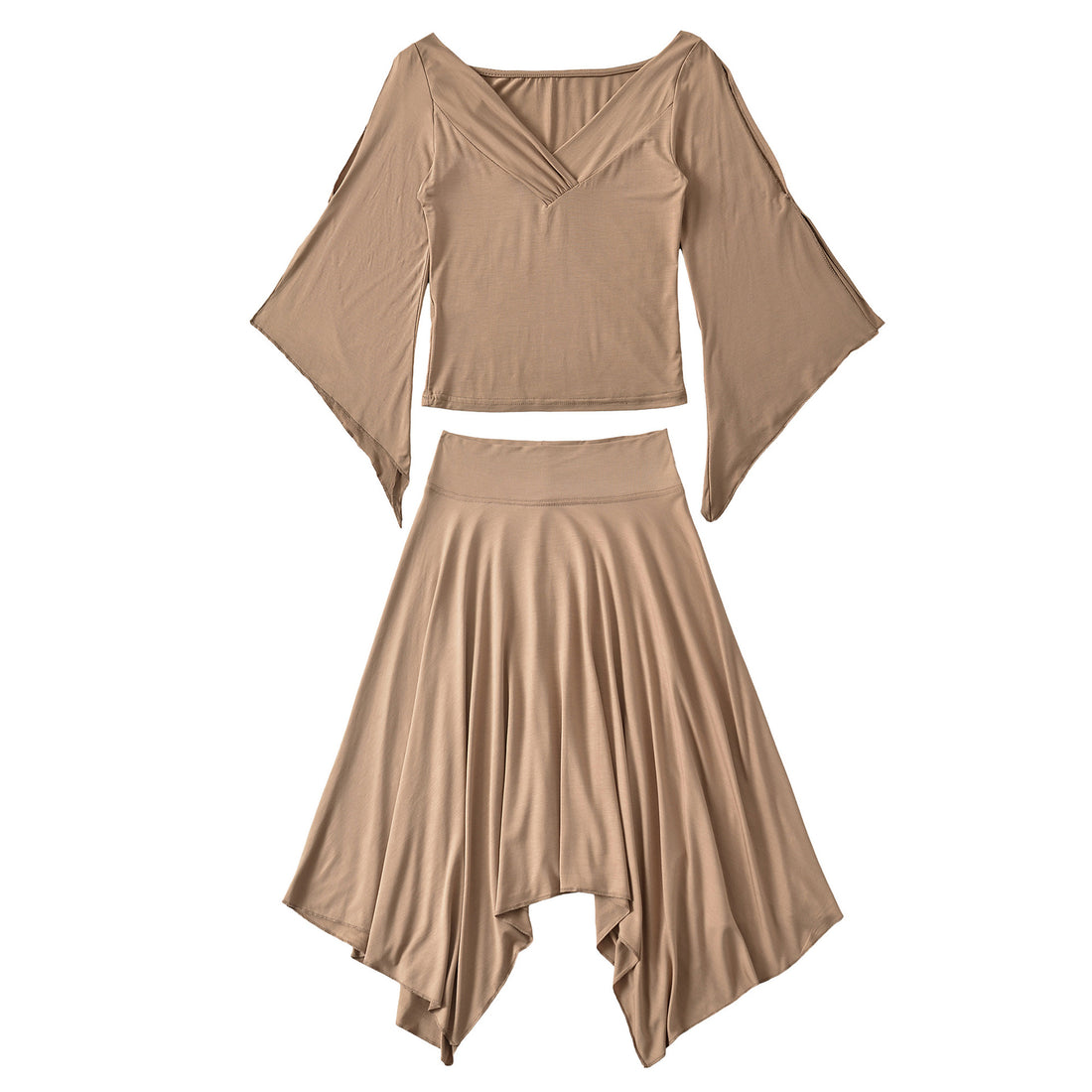 Damen Zweiteiliges Set aus drapiertem Top mit Fledermausärmeln und asymmetrischem Tellerrock Echoarchiv