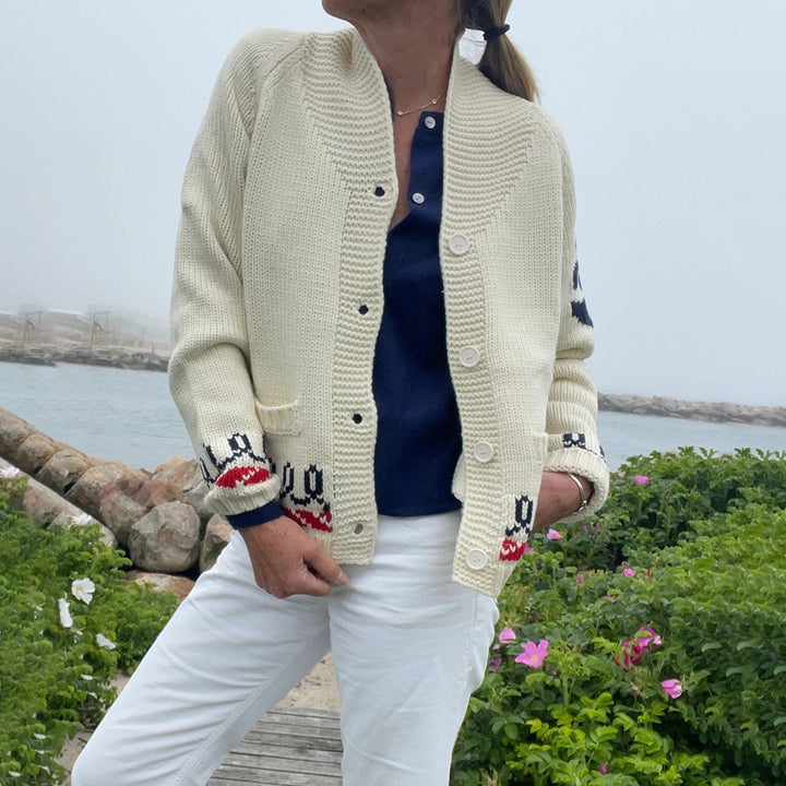 Damen Oversize Strickcardigan mit Walmotiv und nautischer Kontrastbordüre Echoarchiv