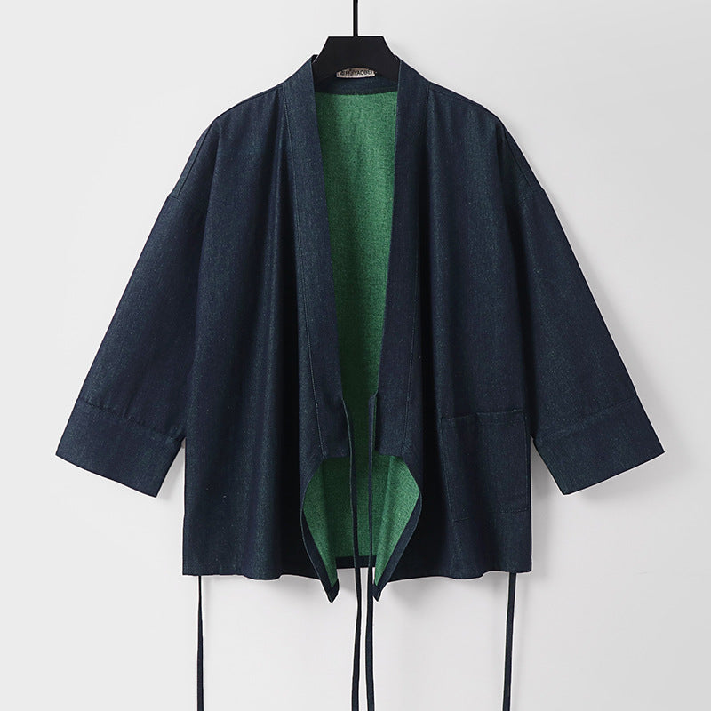 Damen Leichte zweifarbige Kimono-Jacke mit Bindebändern und kontrastiertem Innenfutter Echoarchiv