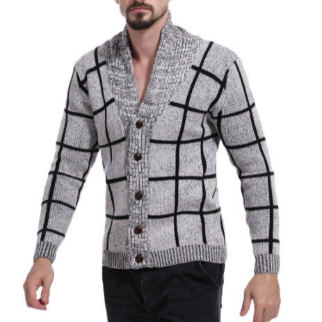 Herren modische Strickjacke mit V-Ausschnitt und modernem Karomuster Echoarchiv