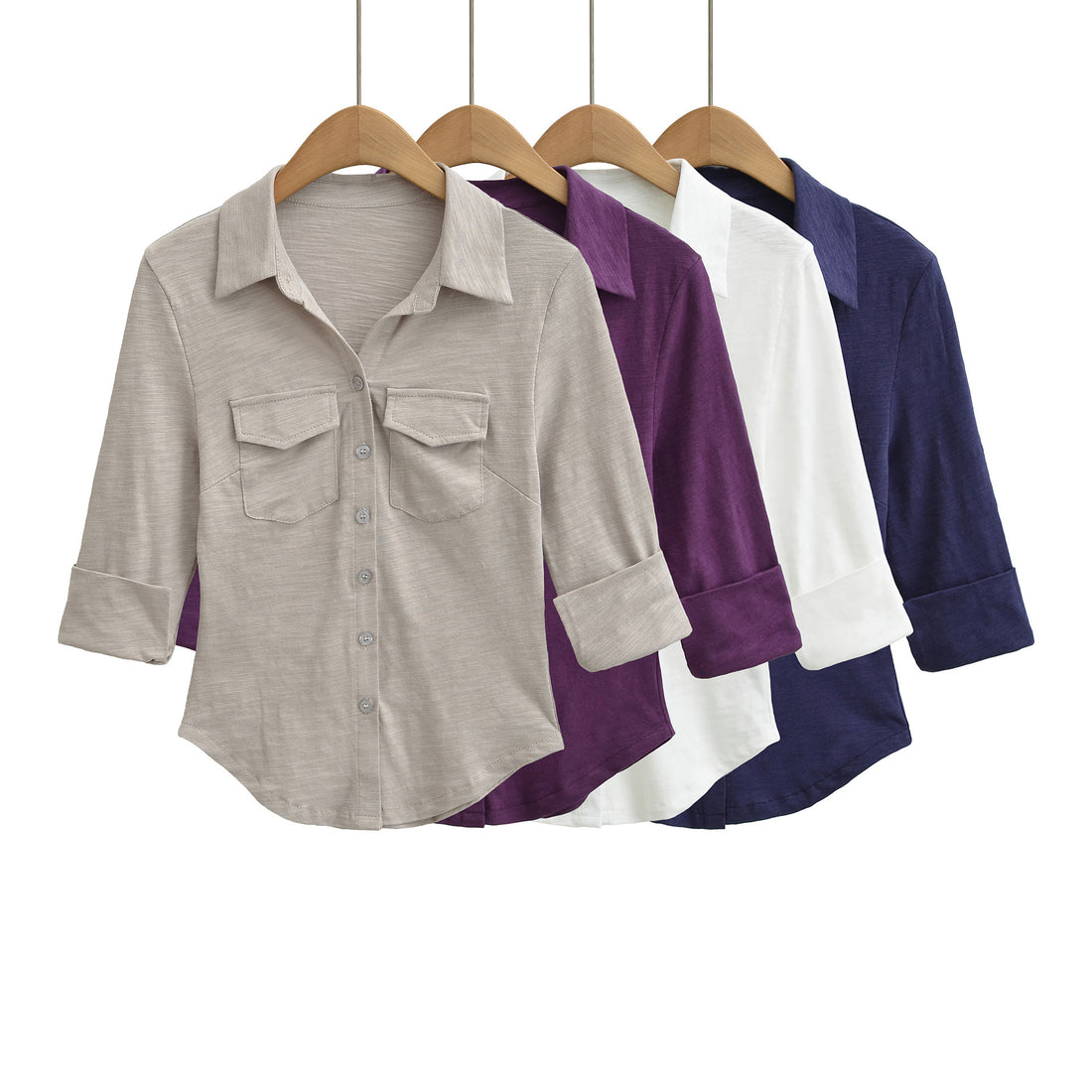 Damen Hemdbluse aus weichem Jersey mit aufgesetzten Brusttaschen und dreiviertelärmeln Echoarchiv