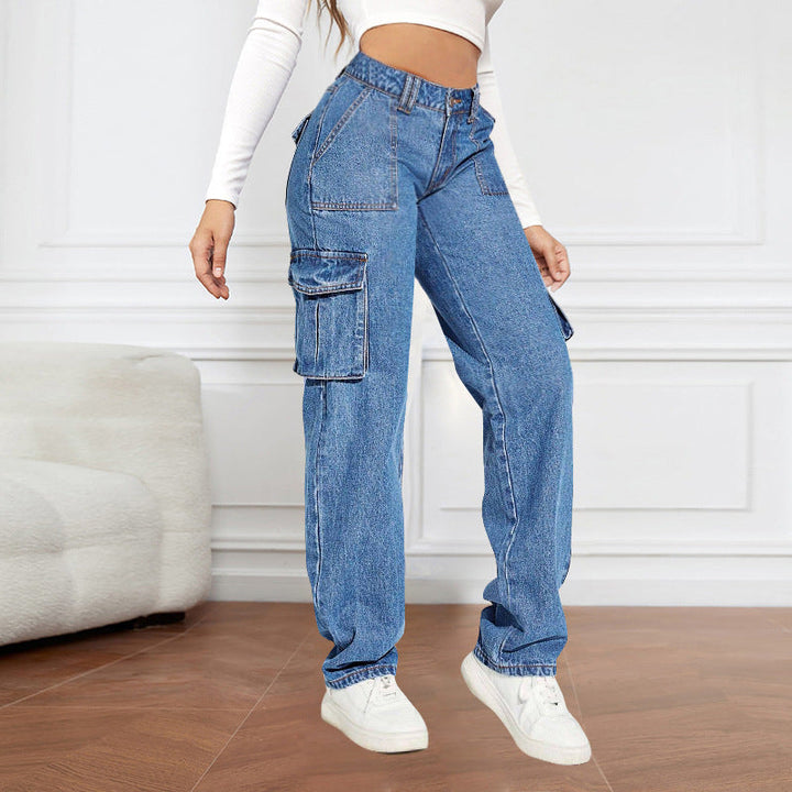Damen Cargo-JEchoarchivns mit hoher Taille und praktischen Taschen Echoarchiv