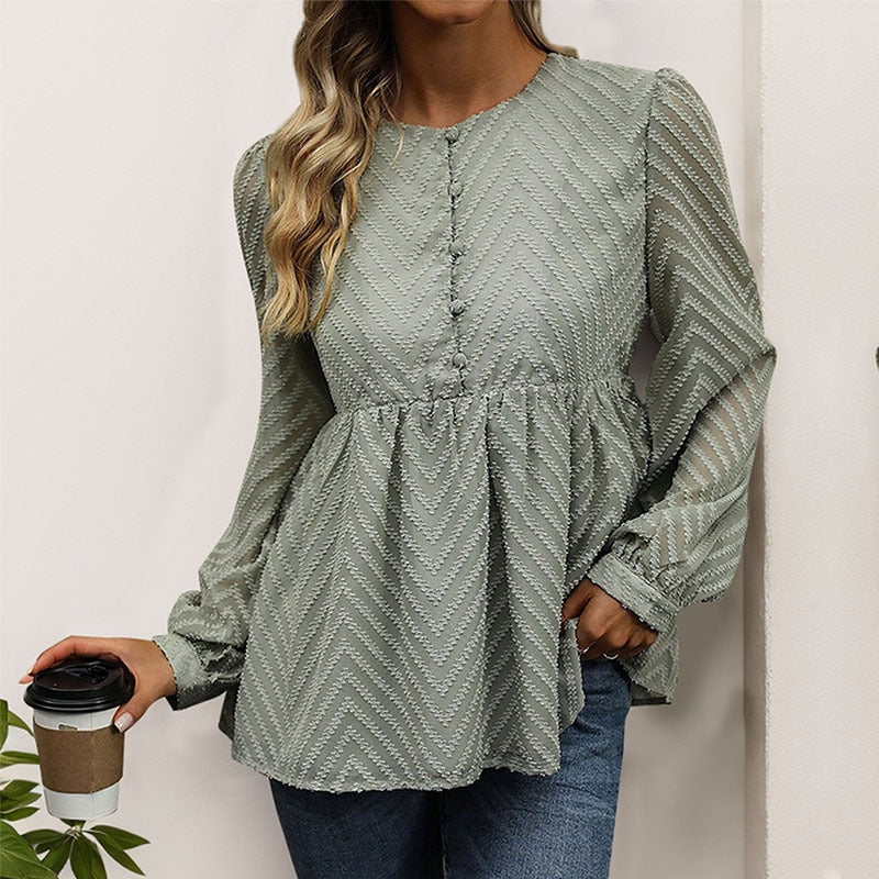 Damen Chiffon-Peplum-Bluse mit Chevron-Struktur, geraffter Empire-Taille & Knopfleiste Echoarchiv