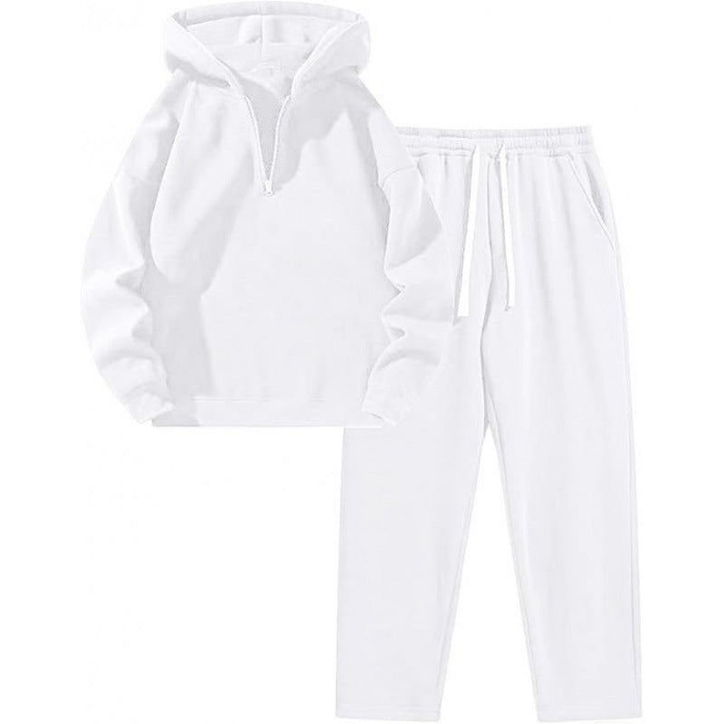 Damen Relax-Set mit kurzem Halbzip, übergroßer Kapuze und taillenhoher tapered Jogginghose – Auréline