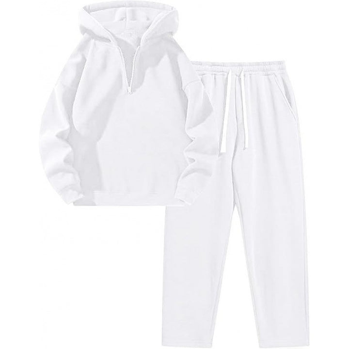 Damen Relax-Set mit kurzem Halbzip, übergroßer Kapuze und taillenhoher tapered Jogginghose – Auréline