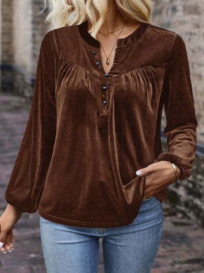 Damen Samtbluse mit Knopf‑Henley, geraffter Brustpasse und lockerer Passform Echoarchiv