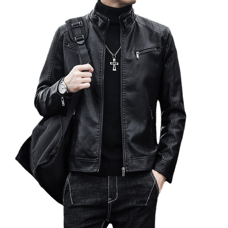 Herren Kunstleder-Motojacke mit hohem Stehkragen und Reißverschlusstaschen – Taviero