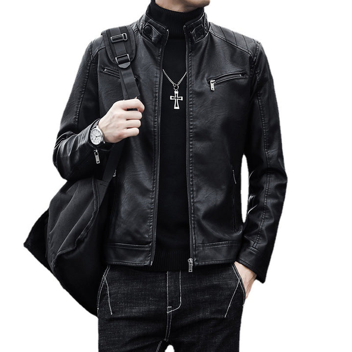 Herren Kunstleder-Motojacke mit hohem Stehkragen und Reißverschlusstaschen – Taviero