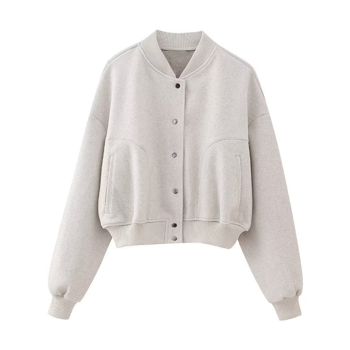 Damen kastiges Cropped Blouson aus Sweat mit Raglanärmeln, verdeckter Druckknopfleiste und breitem Rippbund – Avérine