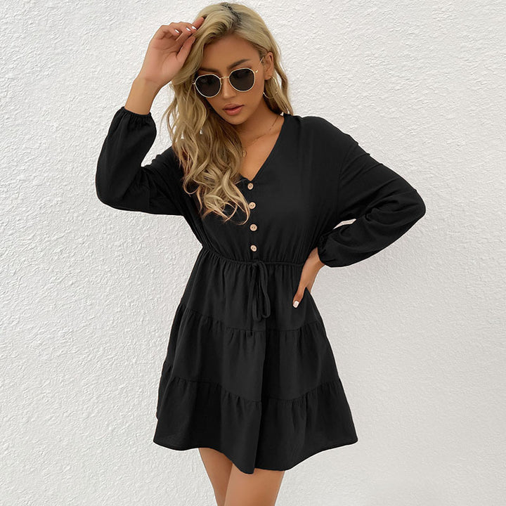 Damen Gestuftes Viskose-Minikleid mit Taillenschnur und Knopfdetail Echoarchiv