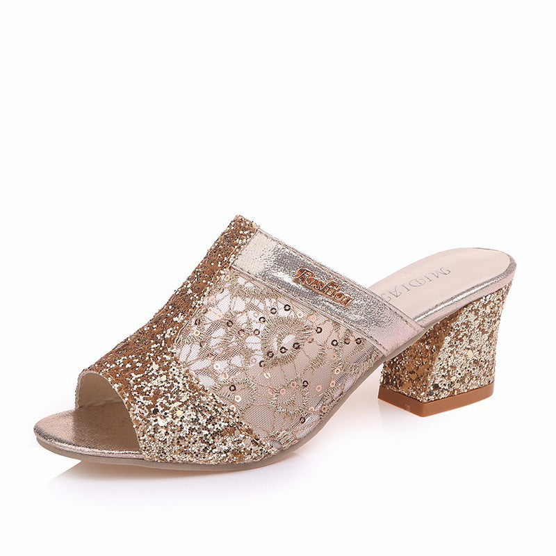 Damen nan elegante offene Pantolette mit feinem Netz, funkelnden Applikationen und mittelhohem Blockabsatz Echo Archiv