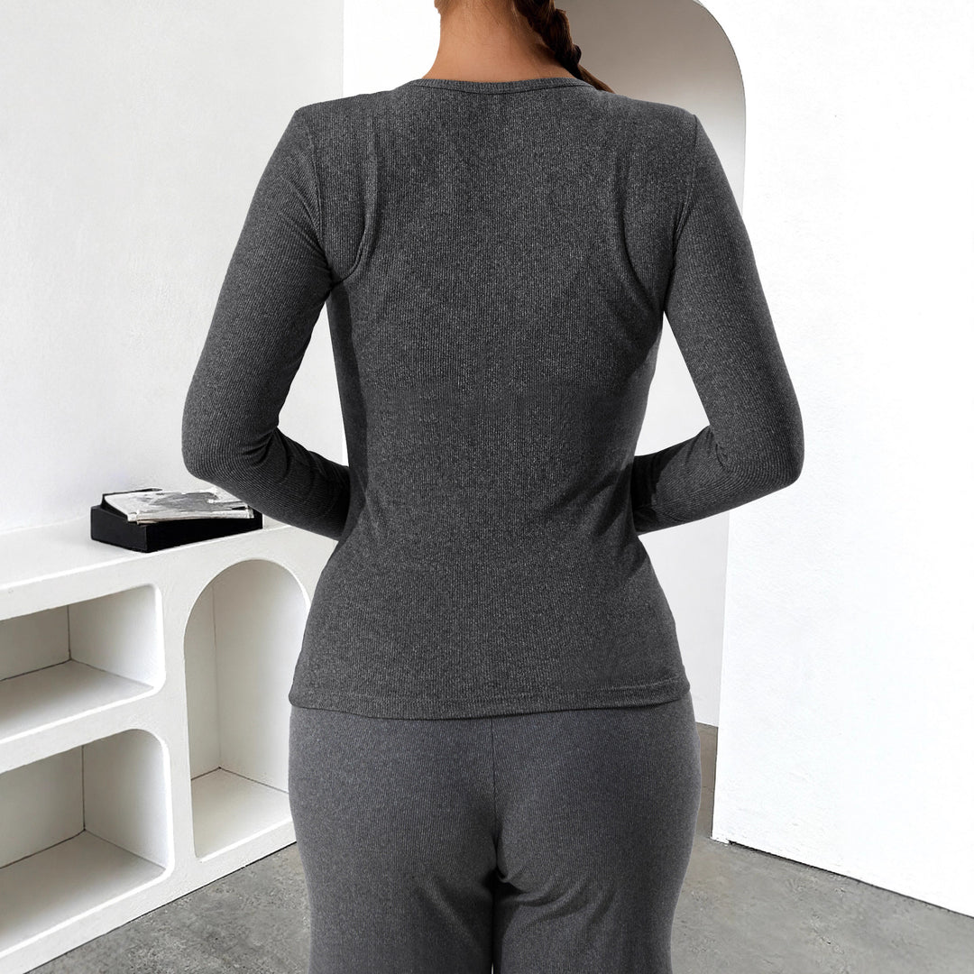 Damen Geripptes Henley-Langarmshirt mit Knopfleiste und figurnahem Schnitt echoarchiv-