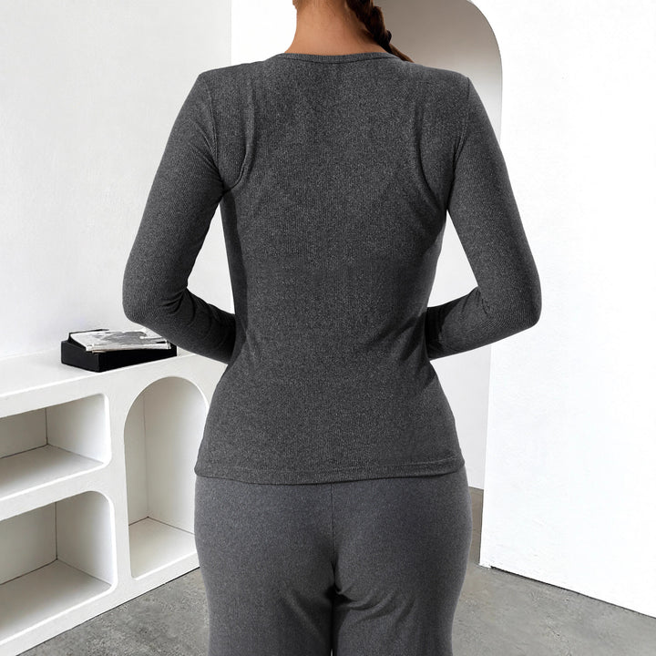 Damen Geripptes Henley-Langarmshirt mit Knopfleiste und figurnahem Schnitt echoarchiv-