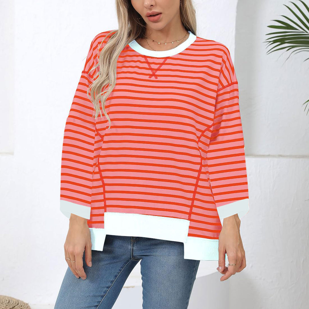 Damen nan oversized gestreifter Sweatshirtpullover mit kontrastsaum, überschnittener Schulter und seitlichen Schlitzen Echo Archiv