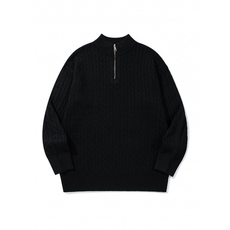 Unisex Oversize Zopfstrick-Halbzippullover mit kurzem Stehkragen und breitem Rippbund Echo Archiv