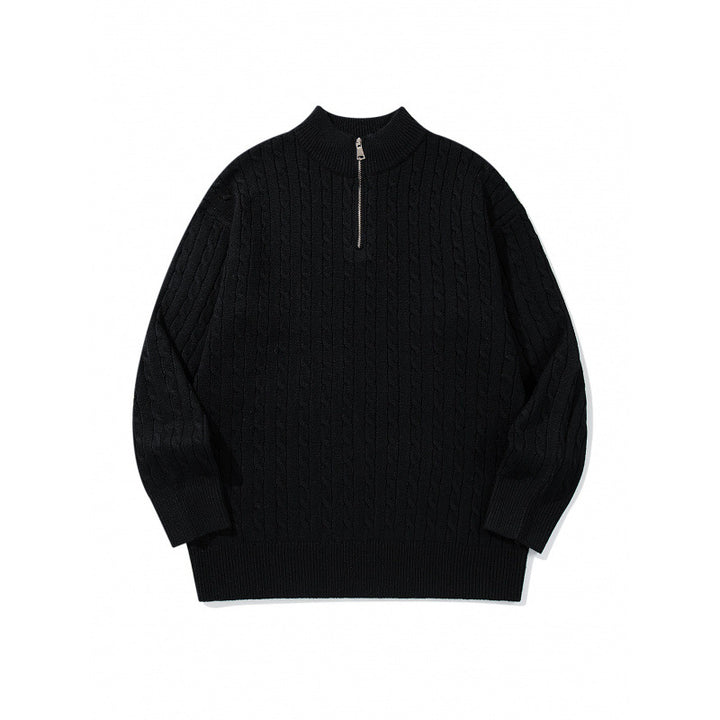 Unisex Oversize Zopfstrick-Halbzippullover mit kurzem Stehkragen und breitem Rippbund Echo Archiv