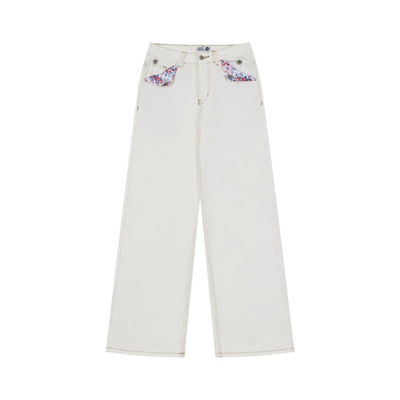 Damen Weite High‑Waist-Jeans im Palazzo-Schnitt mit Ziernaht und Blumen-Taschenfutter Echoarchiv