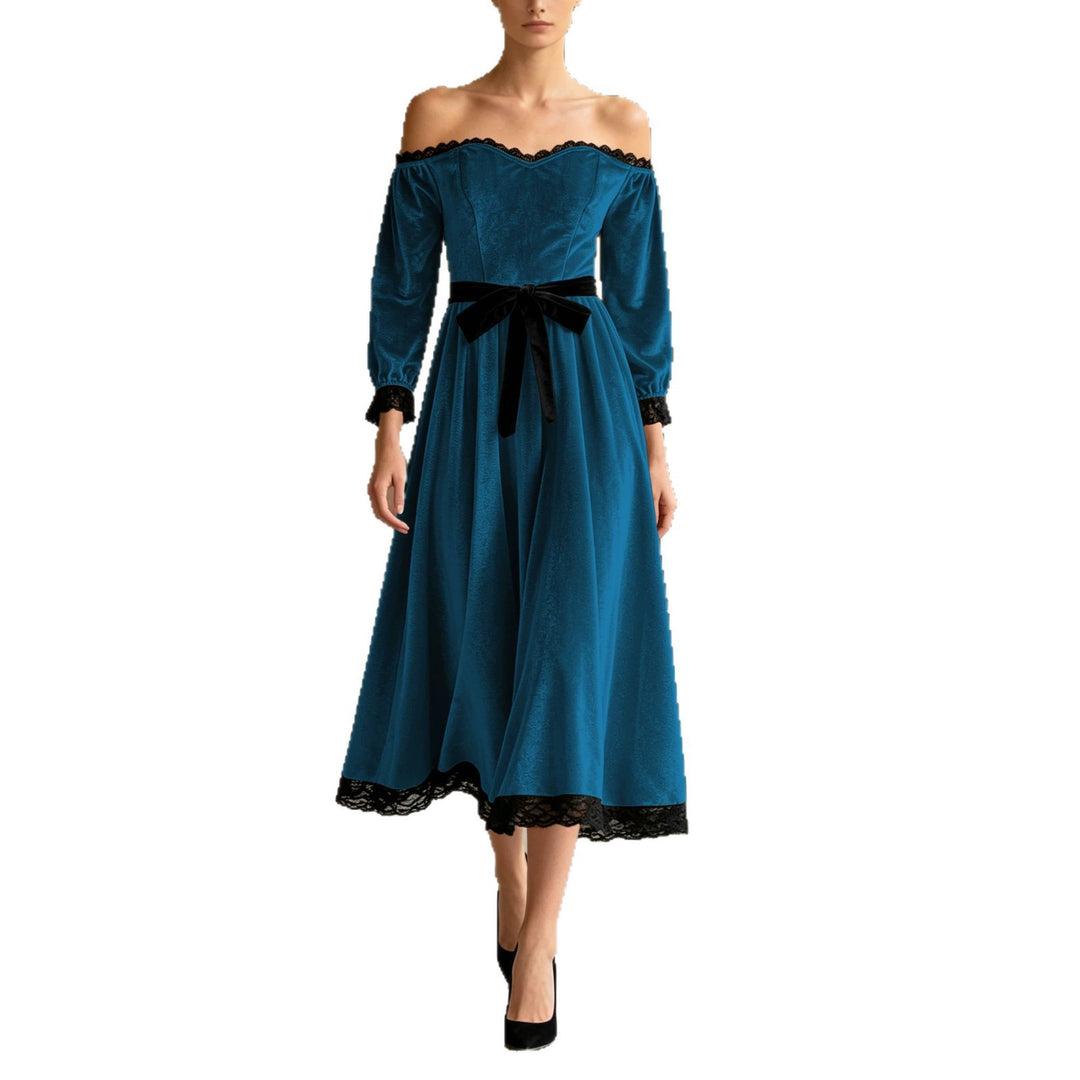 Damen Schulterfreies Samtkleid mit Spitzenbesatz, Samt-Taillengürtel und ausgestelltem Midirock Echoarchiv