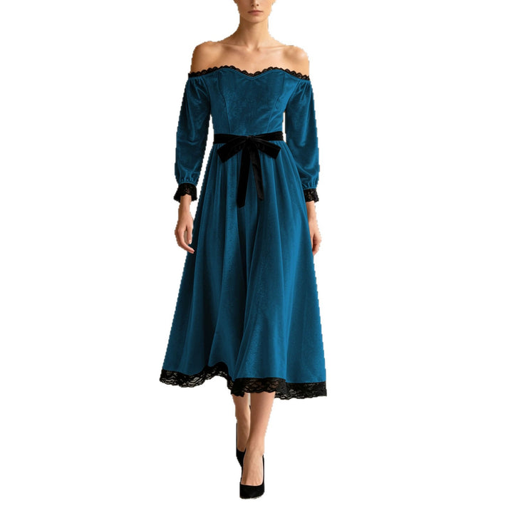Damen Schulterfreies Samtkleid mit Spitzenbesatz, Samt-Taillengürtel und ausgestelltem Midirock Echoarchiv