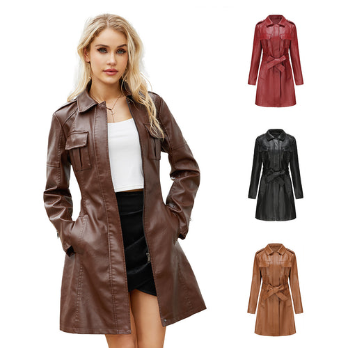 Damen nan langer Kunstleder-Trenchcoat mit Taillengürtel und Schulterriegeln Echo Archiv