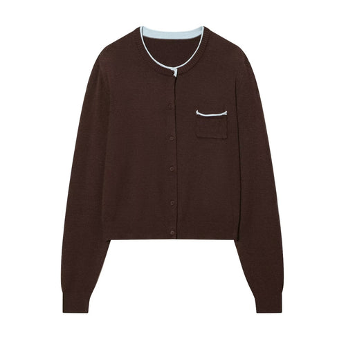 Damen Kurze Feinstrick-Cardigan mit Rundhals, Brusttasche und Rippbündchen Echoarchiv