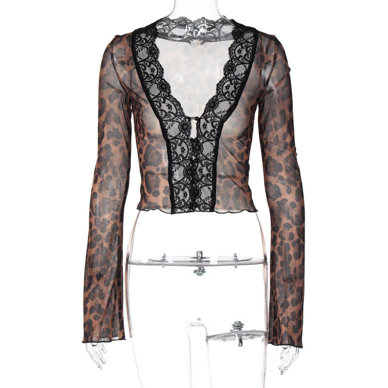 Damen Transparente Spitzenbluse mit Leopardenmuster Echo Archiv