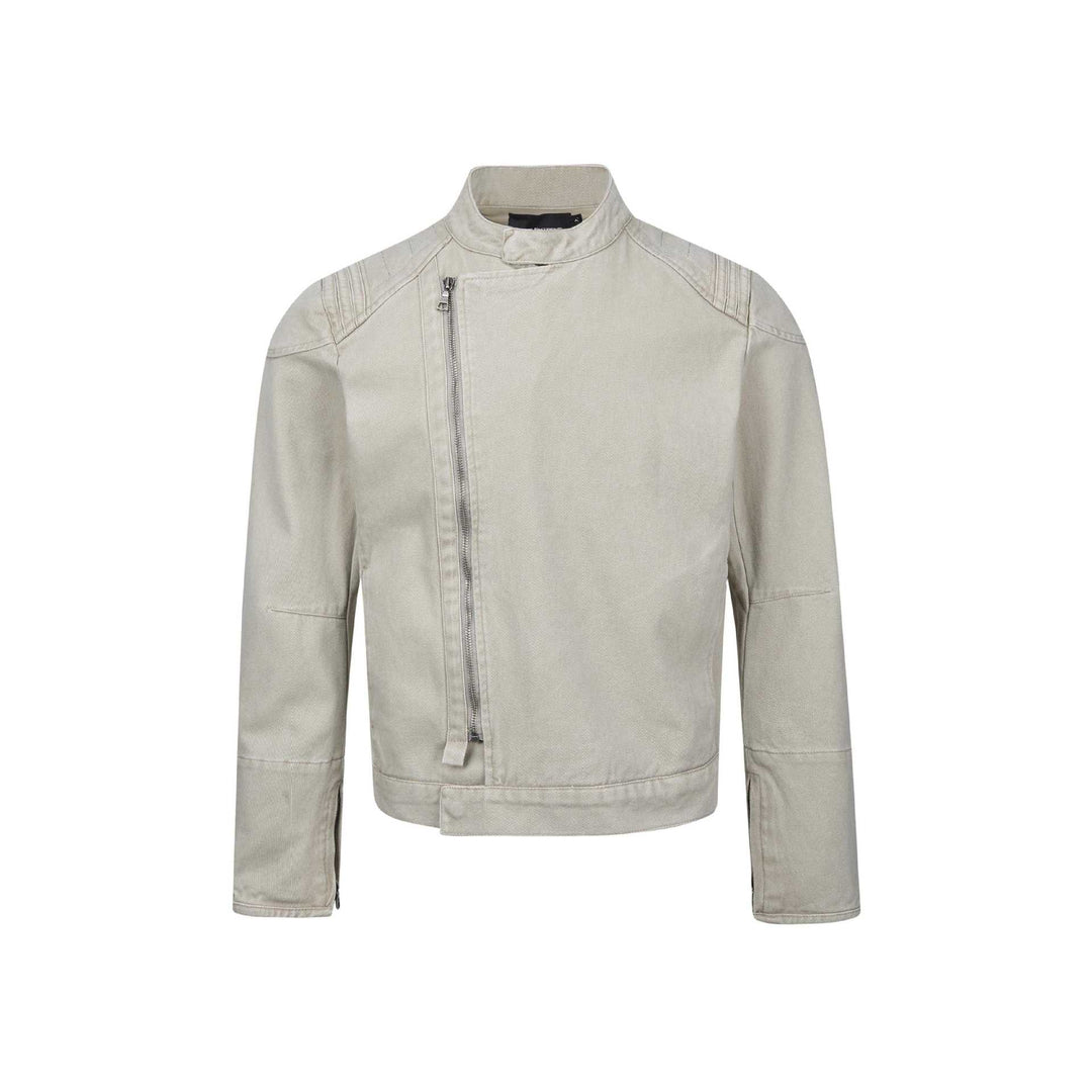 Herren Kurz geschnittener asymmetrischer Canvas-Bikerblouson mit Funnelkragen und Reißverschluss-Detail Echoarchiv
