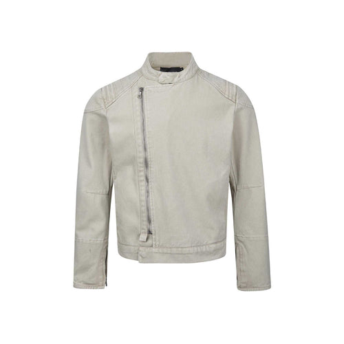 Herren Kurz geschnittener asymmetrischer Canvas-Bikerblouson mit Funnelkragen und Reißverschluss-Detail Echoarchiv