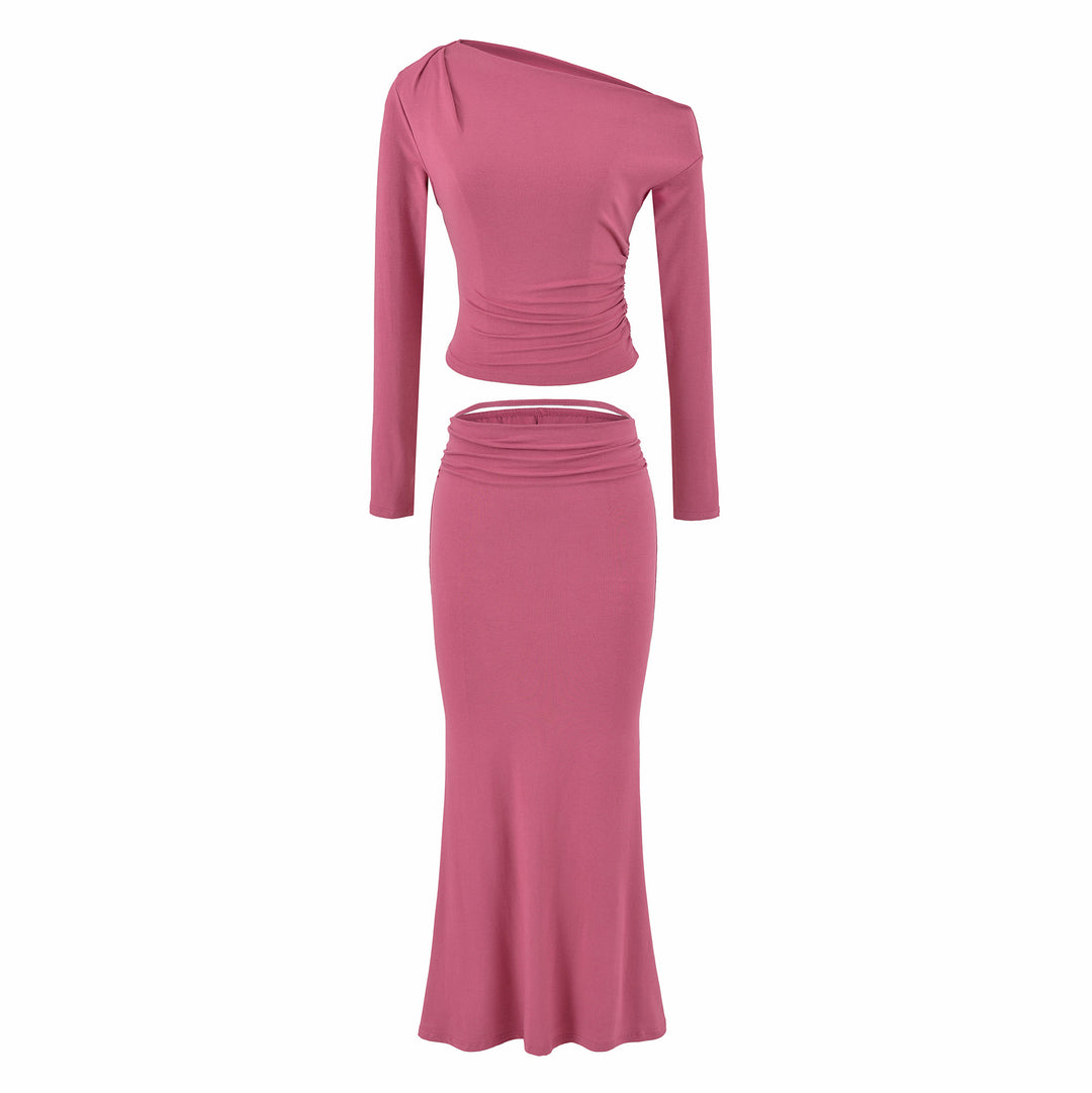 Damen Einschultriges zweiteiliges Set mit gerafftem Crop-Top und tailliertem Maxirock Echoarchiv