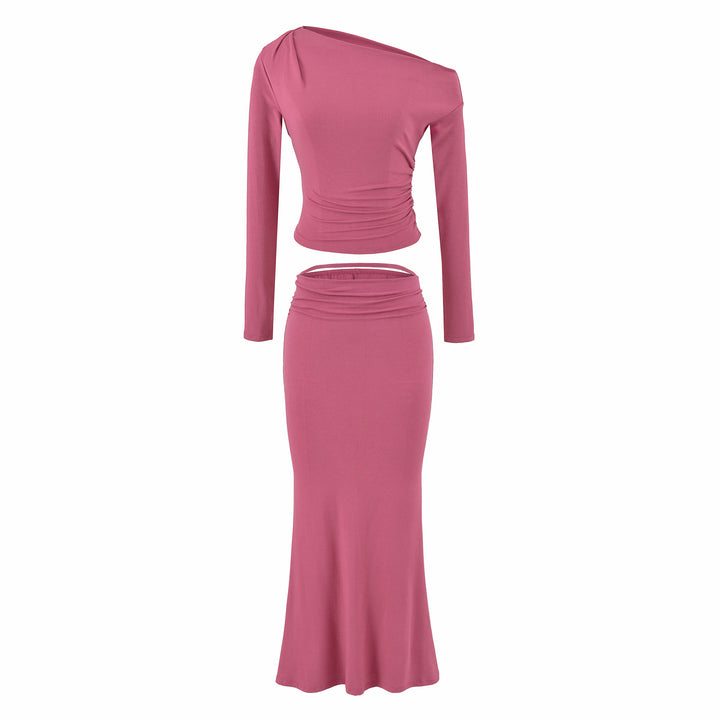 Damen Einschultriges zweiteiliges Set mit gerafftem Crop-Top und tailliertem Maxirock Echoarchiv