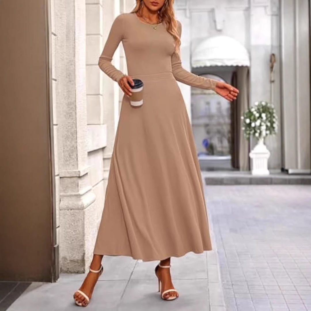 Damen Langärmeliges Maxikleid mit tailliertem Oberteil und fließendem A-Linien-Rock – Valéora