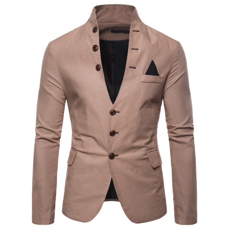 Herren eleganter Blazer mit modernem Stehkragen und ausgefallenen Knopfdetails Echoarchiv