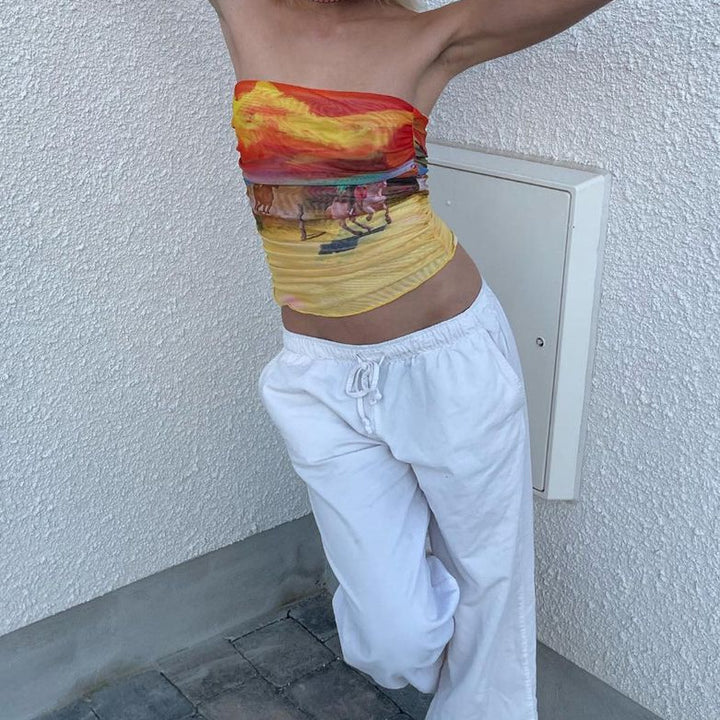 Damen Bandeau-Oberteil mit buntem, künstlerischem Druck und elastischem Material Echo Archiv
