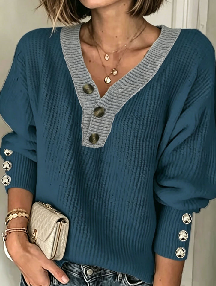 Damen Feinstrickpullover mit tiefem V-Ausschnitt, kontrastierter Knopfleiste und Zierknopf-Ärmeln – Mavelle