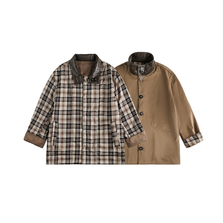 Herren Kurz geschnittener Fieldblouson im Vintage‑Workwear‑Stil mit Lederimitat‑Stehkragen und karierter Innenfütterung Echoarchiv